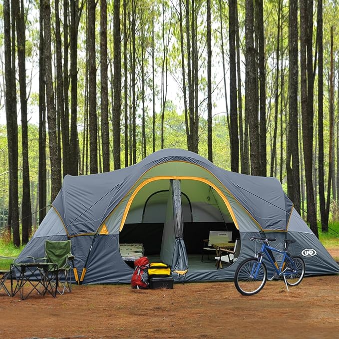 UNP Camping Tent 10-Person-Family Tents, Parties, Music Festival Tent, Big, Easy Up, 5 Large Mesh Windows, Double Layer, 2 Room, Waterproof, Weather Resistant, 18ft x 9ft x78in