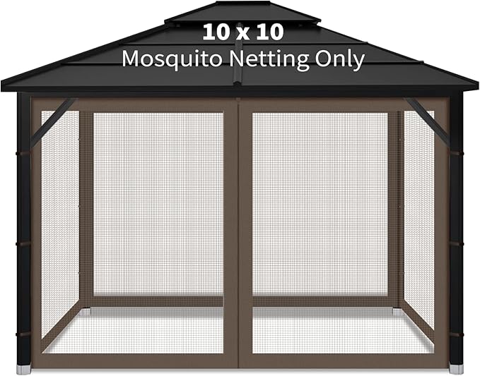 Gazebo Replacement Mosquito Netting Outdoor Universal Gazebo Canopy 4-Panels Screen Sidewalls with Zipper for Patio Garden Yard Backyard (Mosquito Net Only) (10x10, Coffee)