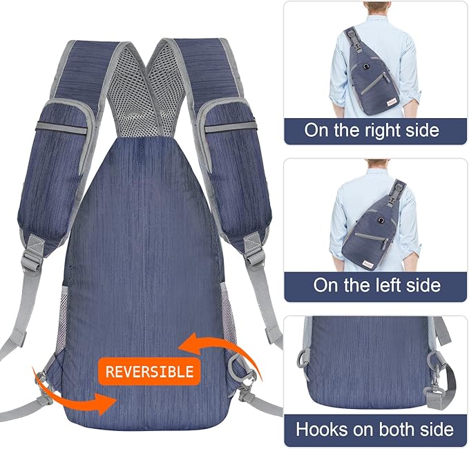 ZOMAKE Sling Bag for Women Men, Small Crossbody Sling Backpack, Mini Water Resistant Shoulder Daypack for Travel, Anti Thief Chest Bag for Hiking, Sports, Navy Blue(Stripe)