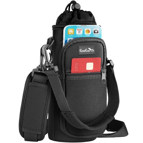 EcoEarth - Water Bottle Carrier Bag - 25 oz, Black - Hiking & Daily Use - Phone & Essentials Pocket - Padded Shoulder Strap