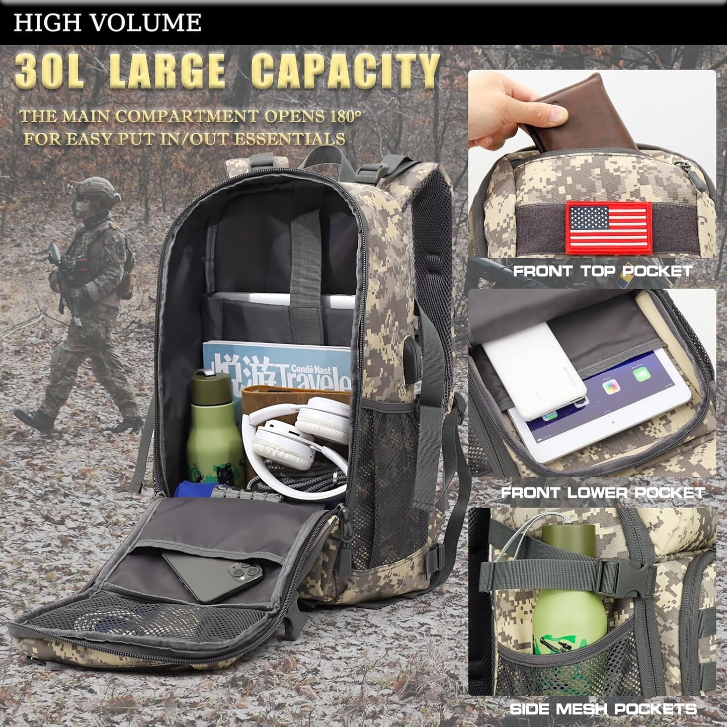 outdoor plus Camo Backpack,Military Boys Backpacks for School,40L Army Bookbag with USB Charging Port Waterproof