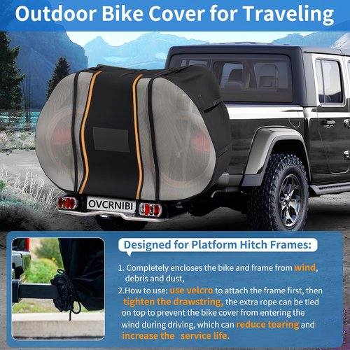 OVCRNIBI Bike Cover for Transport on Rack,Waterproof Tear Resistant Outdoor Bicycle Cover for 1,2 Bikes with Visible Tail Lights,License Plate Window and 2 Elastic Straps,80 ''L x 18''W x 50''H