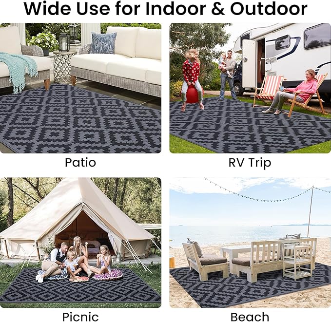Smiry Waterproof Outdoor Rug 4x6 ft, Reversible Plastic Straw Patio Camping Rugs, Outdoor Indoor RV Mat Carpet for Patio, Outside Entry, Backyard, Deck, Bench, Picnic, Camper, Black & Grey