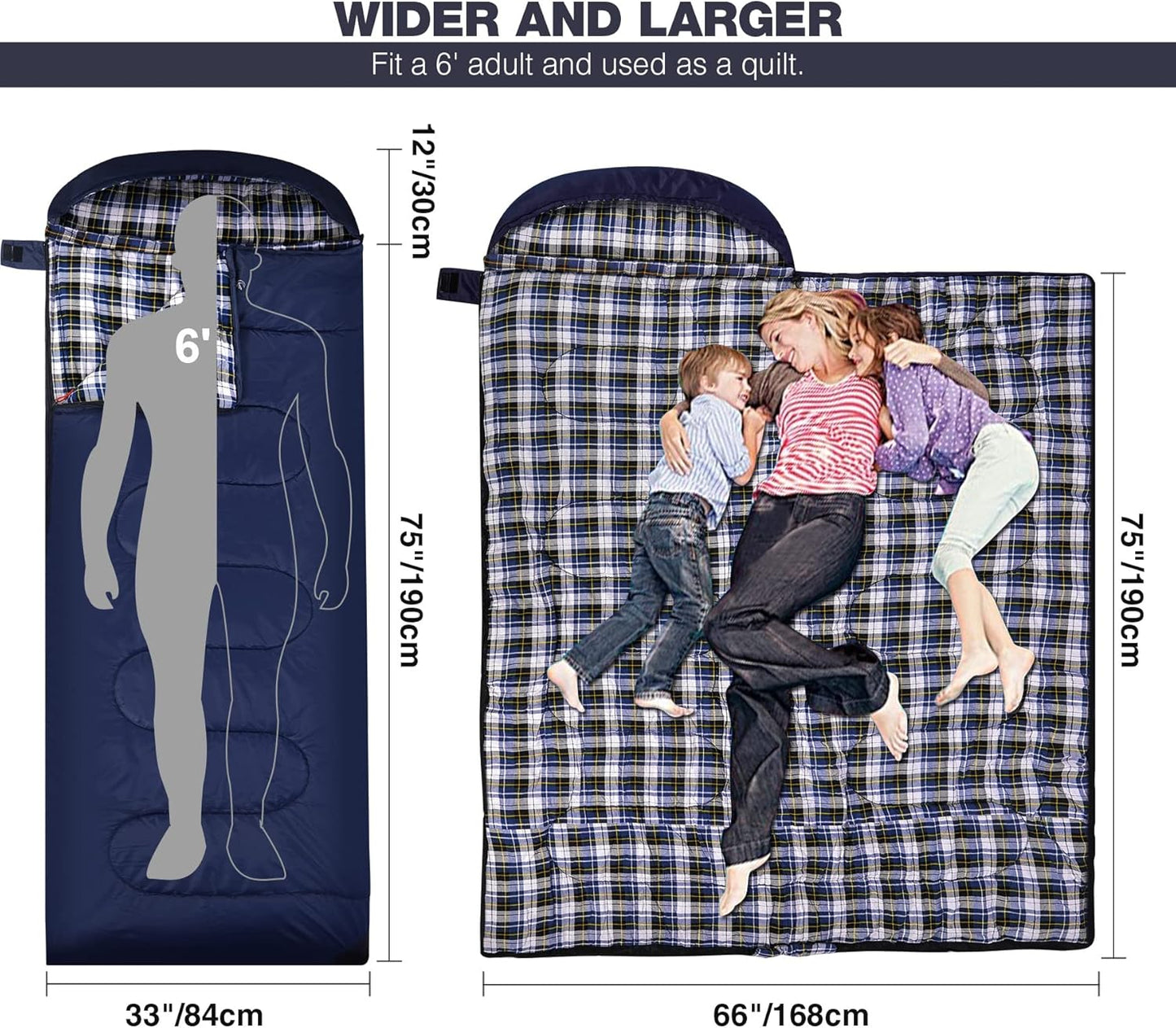 REDCAMP Flannel Sleeping Bag for Adults, Comfortable Cotton Sleeping Bags for Camping with Detachable Hood, Red/Grey/Blue
