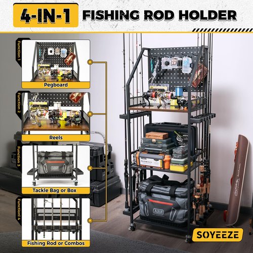 SOYEEZE Fishing Rod Holders for Garage, 3-Tire Fishing Pole Rack with Pegboard and Hooks, Fishing Gear Tackle Box Organizer Up to 12 Rods, Rolling Fishing Storage Cart with Lockable Wheels