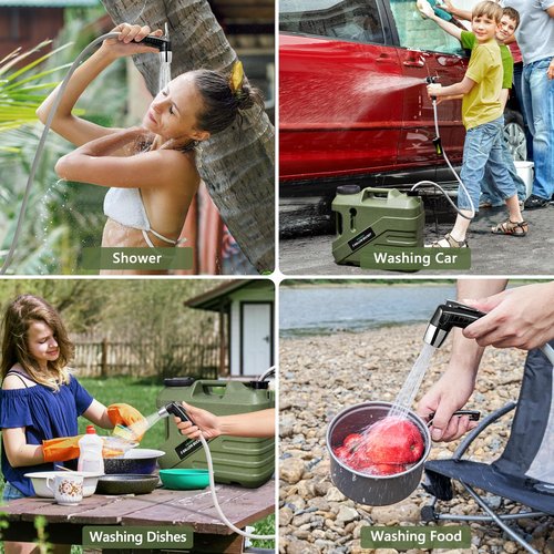 Portable Shower for Camping with 5-Gallon Water Jug, Rechargeable Camping Shower, Food Grade Material Water Containers for Fruit & Vegetables Wash, Integrate Design for Outdoors, Hiking, 2 Batteries