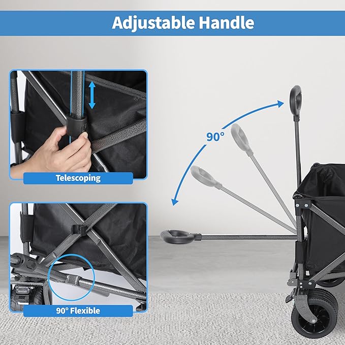 YSSOA Collapsible Wagon Carts Foldable, Garden Cart with 360° All-Terrain Wheels, Adjustable Handle, 220lbs Weight Capacity, 113L, Utility Wagons for Outdoor, Heavy Duty Wagon Cart