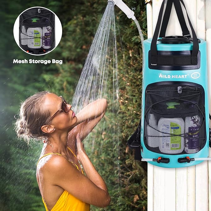 WILD HEART Camping Shower 22L/ 12L Portable Shower for Camping with Pressure Foot Pump and Hose - Solar Shower Bag Backpack for Camping, Road Trip & Outdoor Use