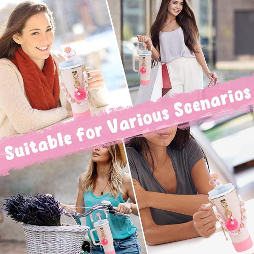MASTRON Stanley Cup Accessories - Including 11PCS Silicone Straw Cover, Handle Strap, Silicone Boot, Spill Stopper, Leak Stopper, Flower Charms for 40/30oz Stanley Tumbler - Pink