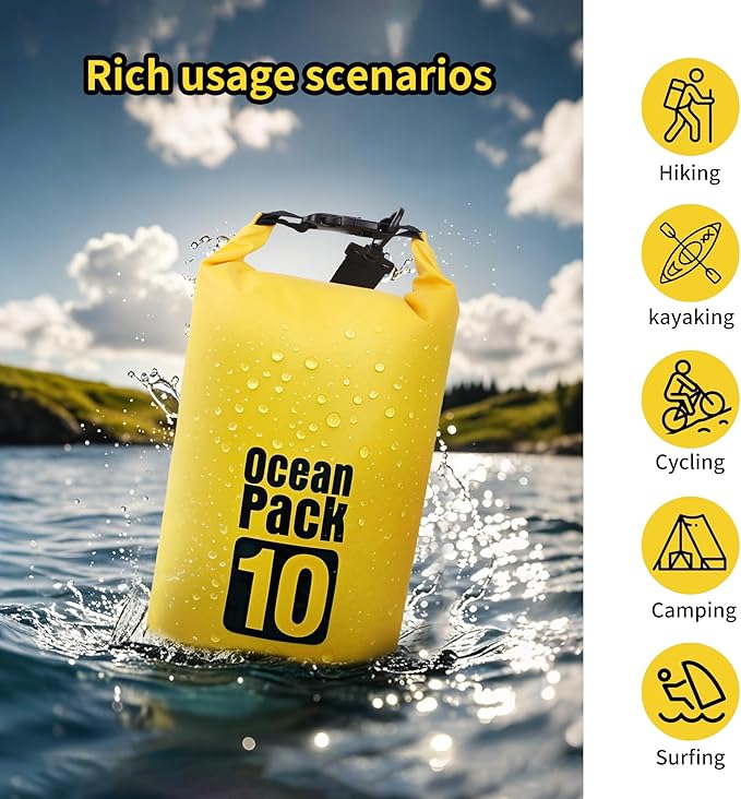 Dry Bag Waterproof for Women Men,10L Rolled Lightweight Dry Storage Bag Backpack with Phone Case for Travel,Swimming,Boating, Kayaking,Camping & Beach,Yellow