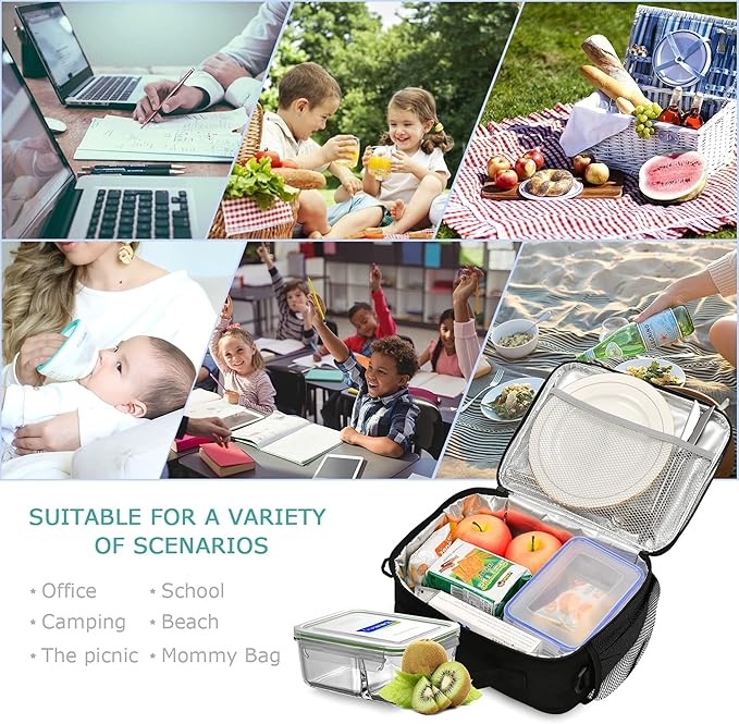 Baseball Lunch Bag Insulated Black Lunch Box Cooler Cooling Tote Food Container for Adults Men Women