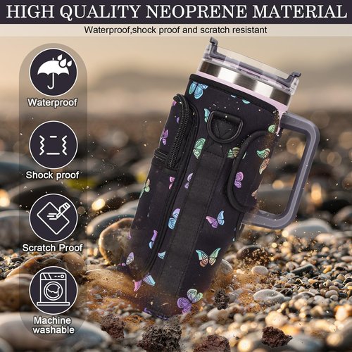 Water Bottle Holder Carrier Bag with Large Phone Pocket,Neoprene Water Bottle Carrier with Strap for Stanley 40 OZ Tumbler, Wrap Around Drink Purse Cup Holder with Straw Cover Accessories