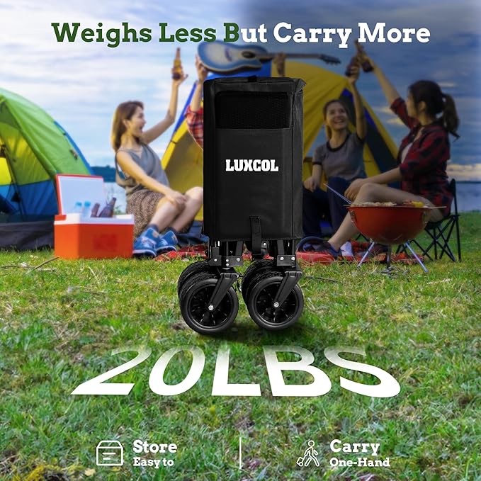 LUXCOL Collapsible Folding Wagon, Heavy Duty Utility Beach Wagon Cart for Sand with Big Wheels, Adjustable Handle&Drink Holders for Shopping, Camping,Garden and Outdoor