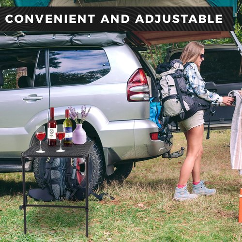 Pasimy Vehicle Tire Mounted Steel Camping Table Adjustable Travel Camping Table 40'' x 20'' x 33'' for Car Camping Picnic Camp Outdoor Cooking BBQ and Party Favor