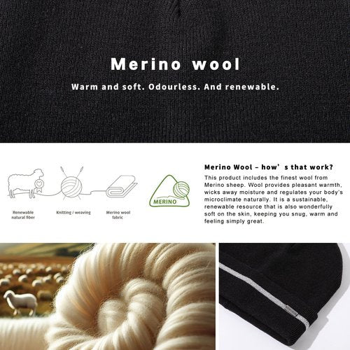 TOP-EX XL/XXL Unisex 50% Merino Wool Cuffed Beanie for Men Women Double Layer Winter Skull Cap Big Head Warm Knit Hats with Reflective Strips Soft Cold Weather Hat Black