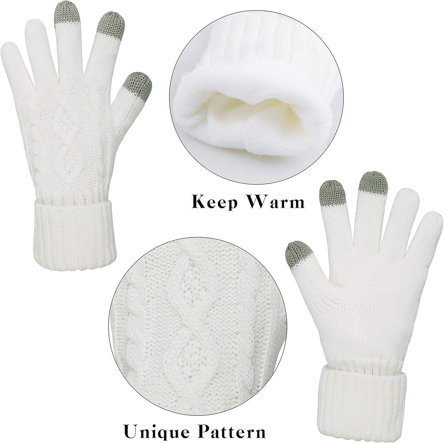 Winter Hat Gloves Scarf Set for Women, Cable Knit Beanie Pom Cap Touch Screen Glove Long Scarf 3PCS Winter Gift for Women Men