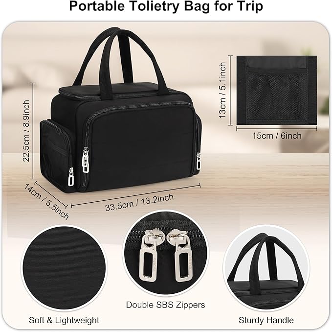 Travel Toiletry Bag for Women, Lightweight Wide-open Toiletries Travel Bag with Handle, Large Cosmetic Organizer with Makeup Brushes Compartment for Essentials for Trip, Camping - Black