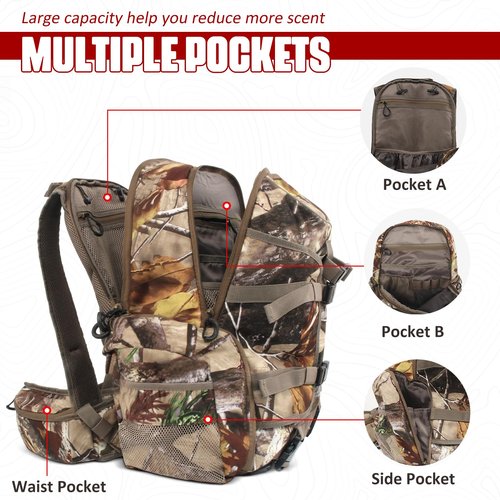 ShedOFF 35L Hunting Backpack with Waterproof Rain Cover, Large Capacity Day Pack with Holder, Men/Women Deer Hunting Gear Hunting Accessories (Camo Pine-Cones)