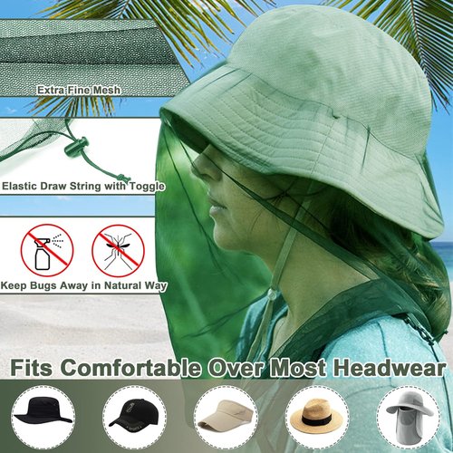 Benvo Mosquito Head Net Mesh, Face Neck Fly Netting Hood from Bugs Gnats Noseeums Screen Net for Any Outdoor Lover- with Carry Bags Fits Most Sizes of Hats Caps (2pcs, Grey, Updated Big Net)