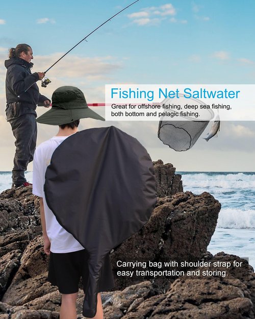 Facikono Large Fishing Net Rubber Fishing Net Large Heavy Duty Extra Large Landing Net for Saltwater Aluminum Fishing Net Telescoping Handle with 6pcs Soft Jig Swimbait, Extends to 72-94in