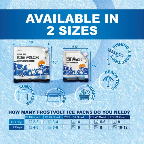 Frostvolt Reusable Ice Packs for Cooler and Lunch Boxes (MEGA Size x 4) Up to 24-48 Hours Freezer Packs | 10 x 10 Inch | Lunch Box and Cooler Long Lasting Ice Packs, Beach Trip Must Haves