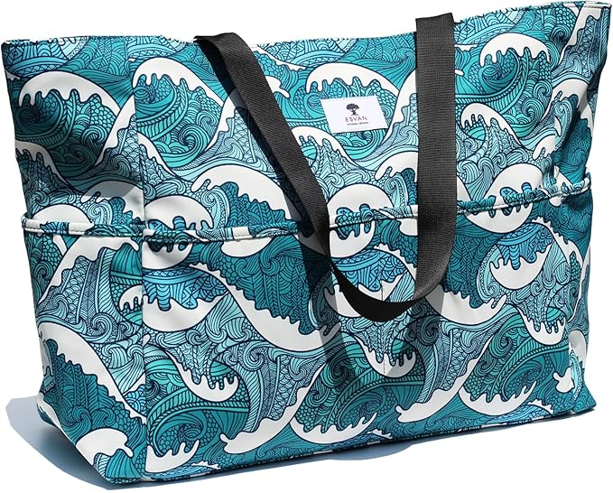 ESVAN Large Foldable Beach Bag for for Women with Dry Wet Compartment Waterproof Sandproof Travel Gym Picnic Handbag