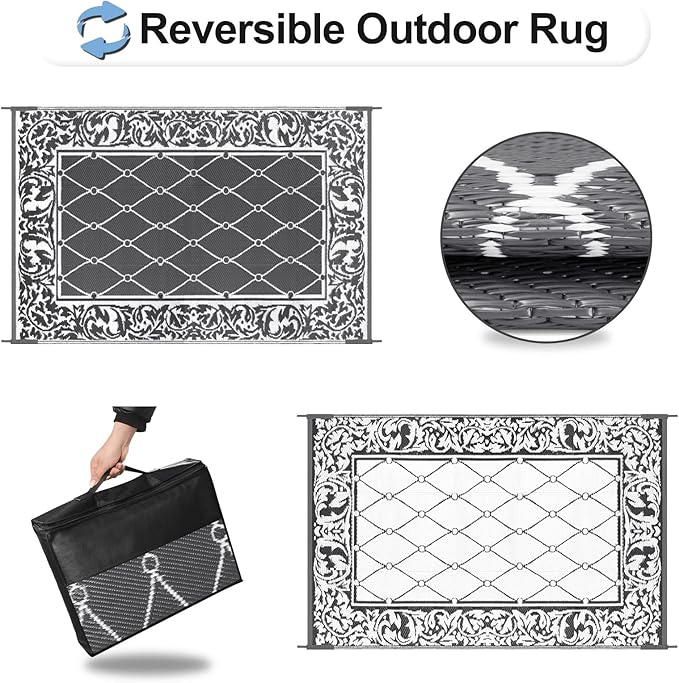 OutdoorLines Indoor Outdoor Rugs for Patio 4x6 ft - Reversible Outside Carpet, Stain & UV Resistant Portable RV Mats, Plastic Straw Rug for Camping, Pool Deck, Porch Rhombus Gray & White