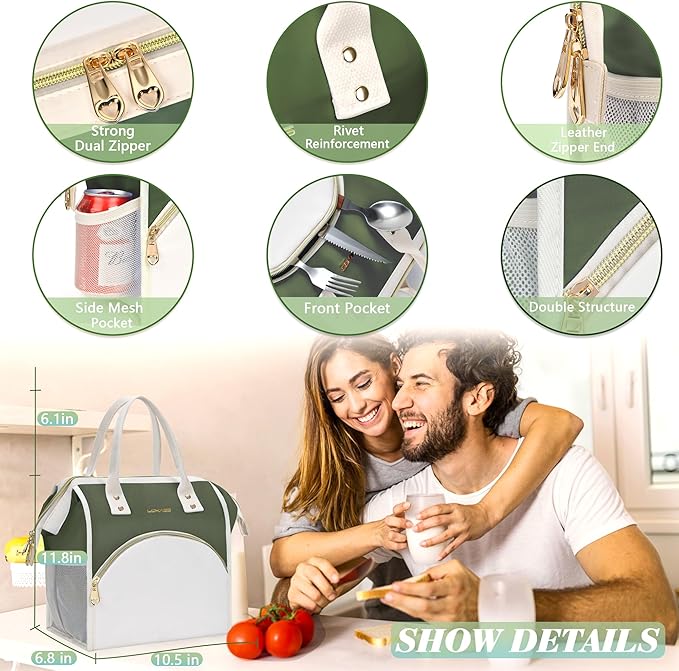 LOKASS Lunch Bag Women Insulated Lunch Box, Wide-Open Lunch Tote Bag Leak-proof Cooler Bag for Work Picnic-（Army Green）