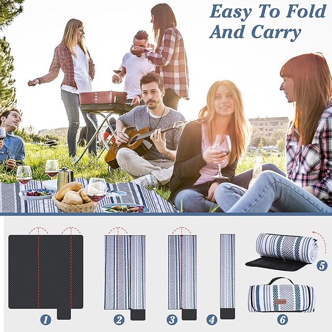 Oversized Waterproof Picnic Mat, Suitable for Camping, Outdoor, Beach, Party and Concert. (Dark Blue & Gray, 80" * 80")