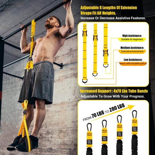 Pull Up Assistance Bands, 4 Adjustable Heavy Duty Resistance Bands for Pull Up Bar, Pull Up Assist Bands with Fabric Feet/Knee Rest for Home Gym Fitness Exercise Strength Training(70-280lbs)
