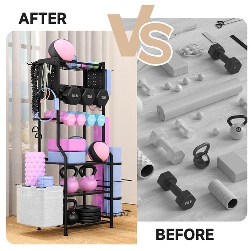 Dumbbell Rack, Home Gym Storage for Dumbbells Kettlebells Yoga Mat & Strength Training Equipments, Weight Rack with Peg Board Organizer, Workout Storage Gym Organizer Gym Equipment Storage, Black