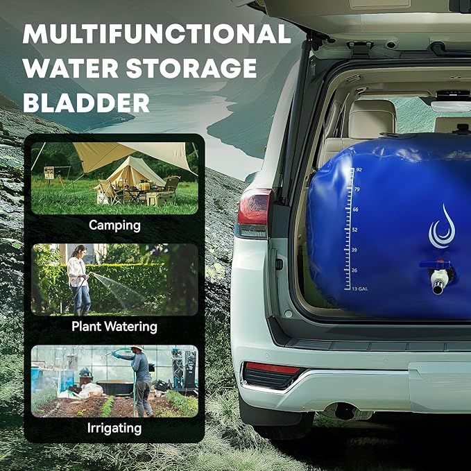 LANUEVA 105 Gal/400L Portable Water Storage Bladder, 1000D PVC Foldable Water Tank with Spigots and Overflow Kit, Water Storage Containers for Emergency Water, RV, Irrigation&Camping (Blue, 400L)