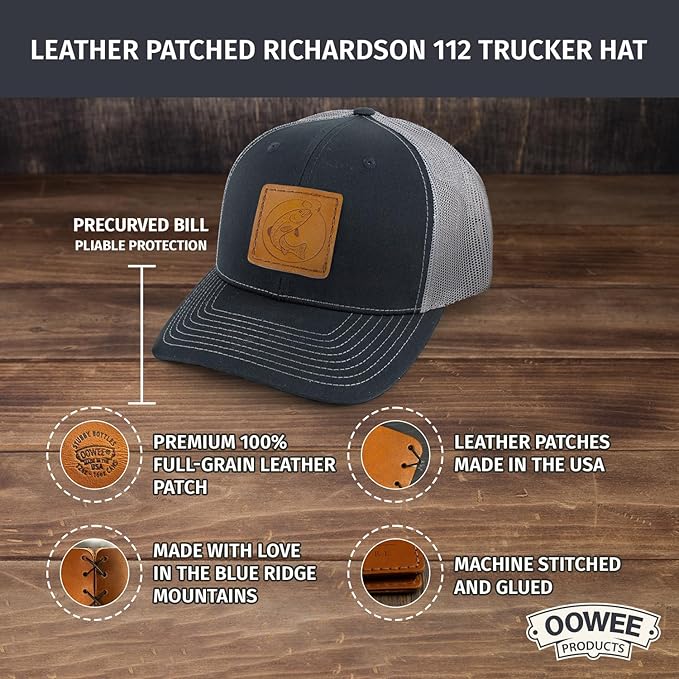 Leather Patch Hat for Men - Richardson 112 Trucker Hat w/Full-Grain Leather Patch, Laser-Engraved, Machine-Stitched