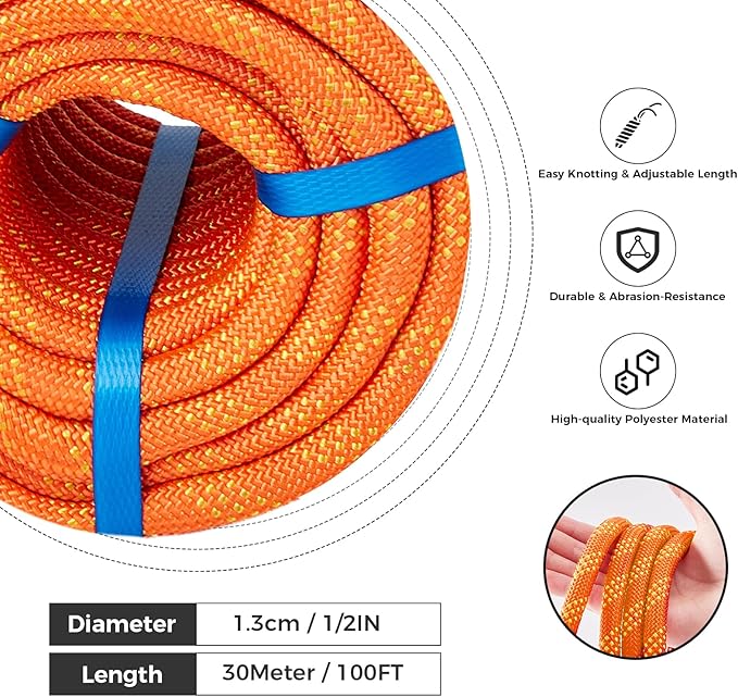 1/2 Inch Double Braided Polyester Arborist Rope, 1/2in 100ft Heavy Duty Nylon Rope for Anchor, Tree Work, Cargo, Pulling, Sailing
