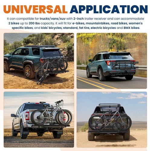 KUIPERAUTO Aluminum 2 EBikes Foldable 2'' Hitch Mounted Carrier Racks w/Ramps Over 200lbs Capacity for 3.35 inch Fat Tire Heavy Duty Universal E-Bike Racks for SUVs Cars Trucks RV 2-Inch Receiver
