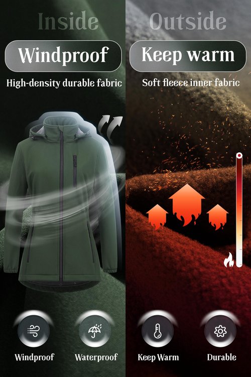 Chrisuno Fall Coats For Women Long Jacket Hooded Women's Softshell Outerwear With Removable Hood Windbreaker Waterproof Warm Fleece Lined Coat Army Green M