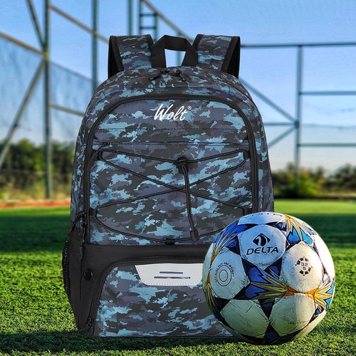 WOLT Youth Soccer Bag, Soccer Backpack, Basketball Backpack with Cleat Shoe and Ball Compartments Sports Backpack for Volleyball Football for Men Women (CamoBlue)