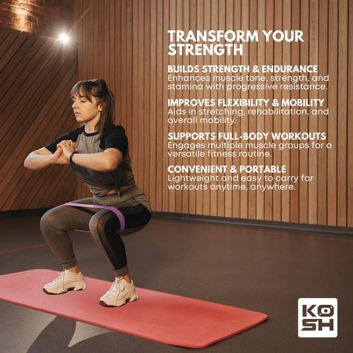 Kosh Resistance Exercise Bands – Set of 4 Natural Latex Loop Bands for Workout, Stretching, Physical Therapy – Includes Mesh Carry Bag
