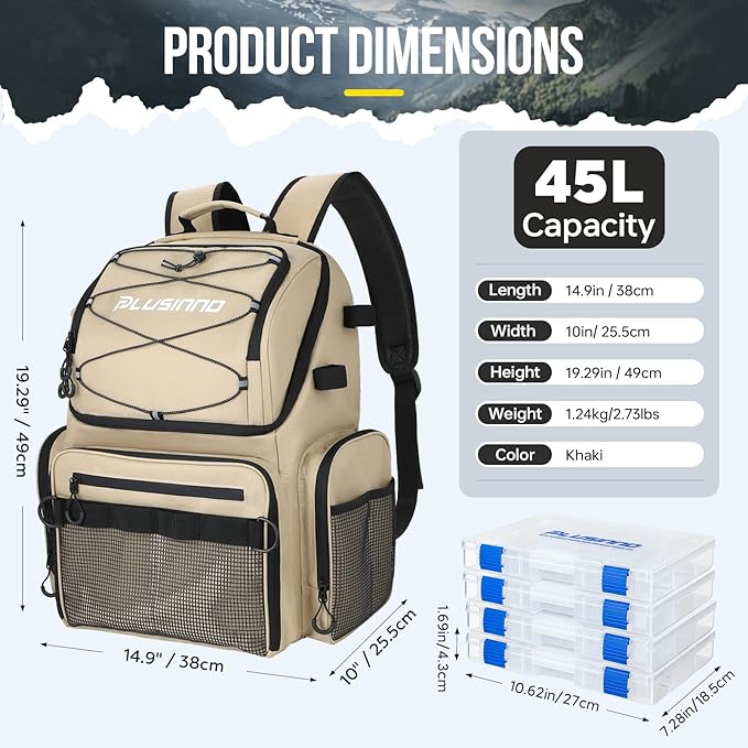 PLUSINNO Cooler Fishing Backpack with Rod Holders 45L Large Water-resistant Fishing Tackle bag Store Fishing Gear Fishing Gifts for Men Father