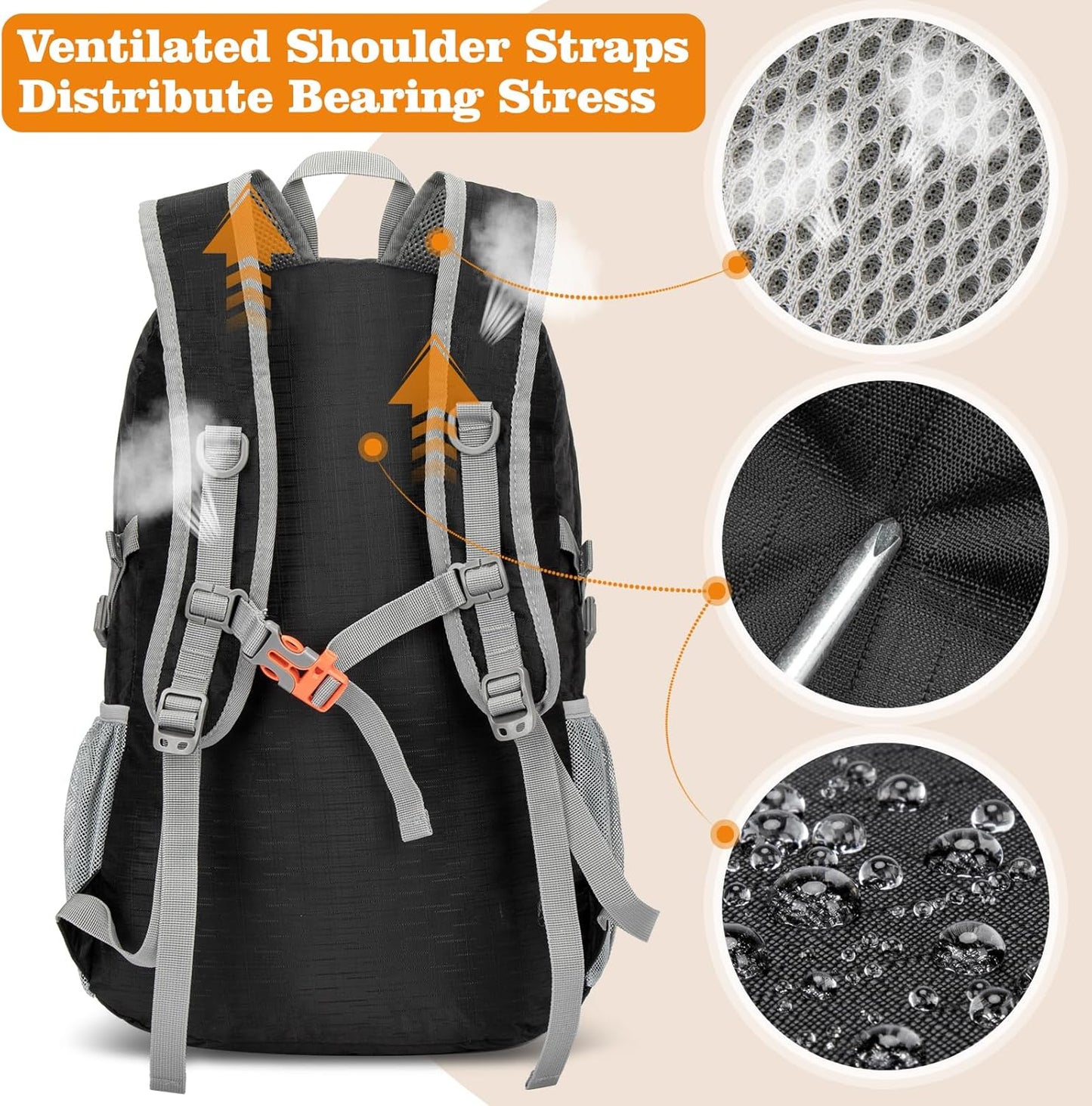 ZOMAKE Lightweight Packable Backpack 30L, Foldable Hiking Backpacks Water Resistant Compact Folding Daypack for Travel(Black)