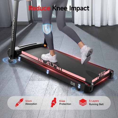 RHYTHM FUN Treadmill with Incline, 8.0 MPH Treadmills for Home with 8% Incline, Foldable Treadmill with Handles, Low Noise Walking Pad for 300 lbs
