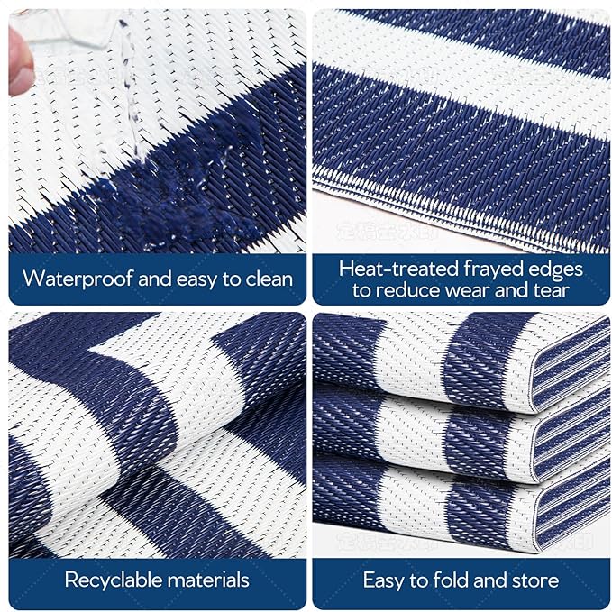9'x 12' Outdoor Rug,Waterproof Reversible Patio Rugs,9x12 ft Plastic Straw Outdoor Carpet Foldable Plastic Camping Mat for Outside RV, Patio,Picnic,Camper,Balcony,Porch(Navy Blue &White)