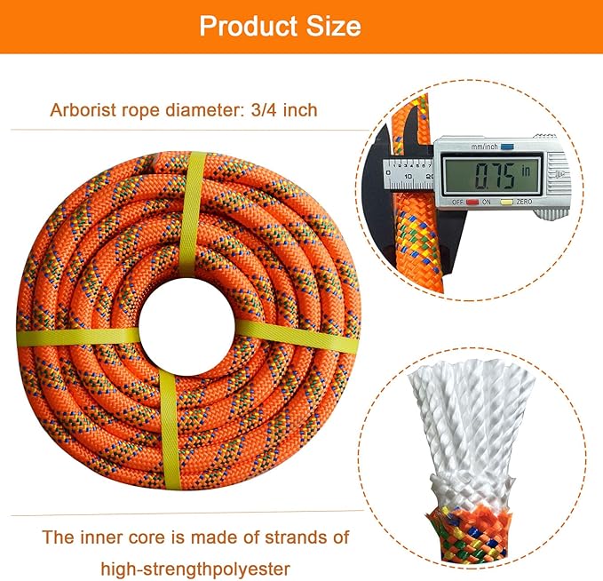 Double Braided Arborist Rope - 3/4 Inch x 50 Feet Polyester Rope - High Strength Climbing Rope for Tree Work, Halyard, Sailing (Orange)