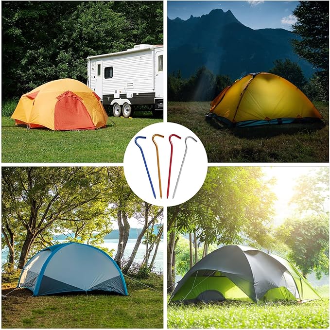 GEEWAY 7 Inch Aluminium Tent Stakes for Secure Ground Support，Perfect for Outdoor Decorations and Tarps, Stakes for Inflatables, Garden Edging Fence Hooks Pegs Heavy Duty Colorful Metal Stakes 16 Pack