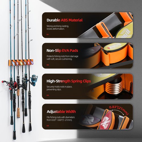 Wall Mounted Fishing Rod Holder for Garage, Horizontal & Vertical Fishing Rod Rack, Fishing Pole Storage with Soft EVA Protective Pad, Holds Up to 6 Rods or Combos, Fits Most Fishing Poles（1 Pack）