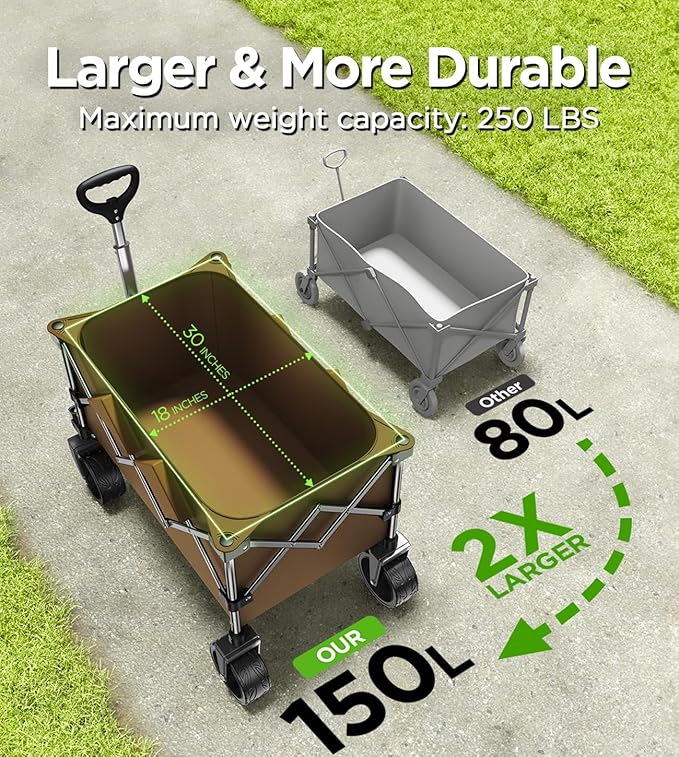Beach Wagon,CollapsibleWagon 220lbs with Big Wheels Foldable Wagon Carts,Portable Utility for Garden Grocery Sports Camping All Terrain-Khaki