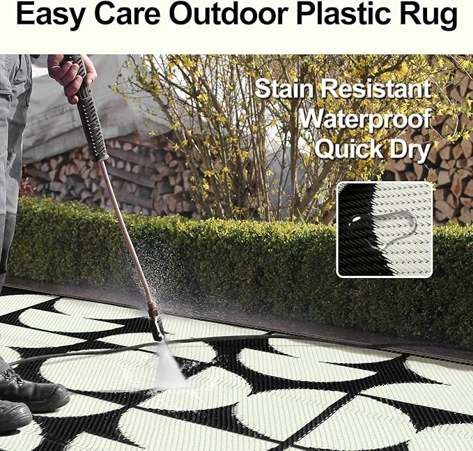 Wonnitar Outdoor Rug 5x8 Waterproof Reversible Plastic Straw Rug for Patio Clearance, Outside Area Rug RV Rug for Camping, Indoor Outdoor Geometric Mat for Deck Balcony Porch (Black & White,5'x8')