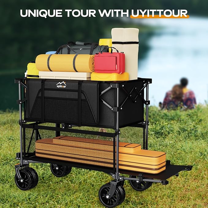 Foldable 50''L Extra Long Double Decker Wagon for Sport, 400L Collapsible Heavy Duty Wagon Cart with Big Wheels, Utility All-Terrain Large Extender Cart for Outdoors