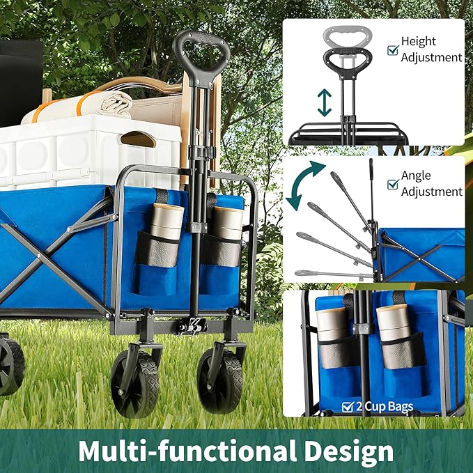 Collapsible Wagon Cart Foldable, 30" L Folding Beach Wagon with All-Terrain Wheels, Shopping Cart with 250lbs Capacity, Portable Camping Wagons Carts for Grocery Garden and Sports, Blue