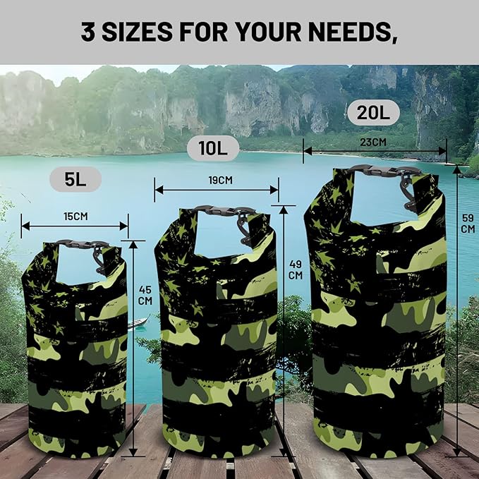 American Flag Waterproof Dry Bag - Roll Top Camouflage Backpack 5L/10L/20L Floating, Lightweight for Kayaking, Boating, Fishing, Swimming, Camping with Waterproof Phone Case